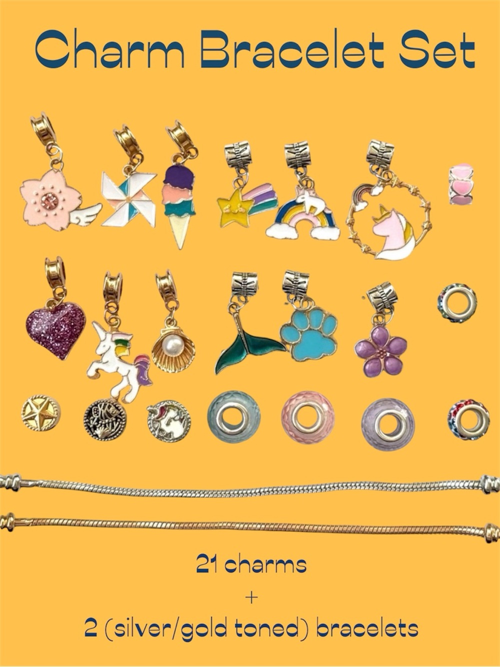 New Charm Bracelet Set. Includes 2 Bracelets and 21 Enamel Charms. Never Worn.